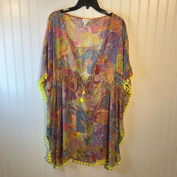 BLEU ROD BEATTIE Beach Cover Up Women’s Size Large Multicolor PomPom Fringed - Picture 1 of 7